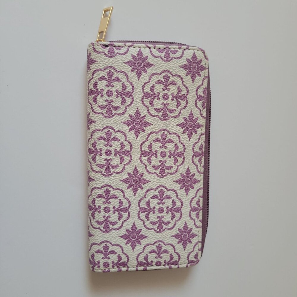 Floral Patterned Zip-Around Wallet With Purple & White Design
